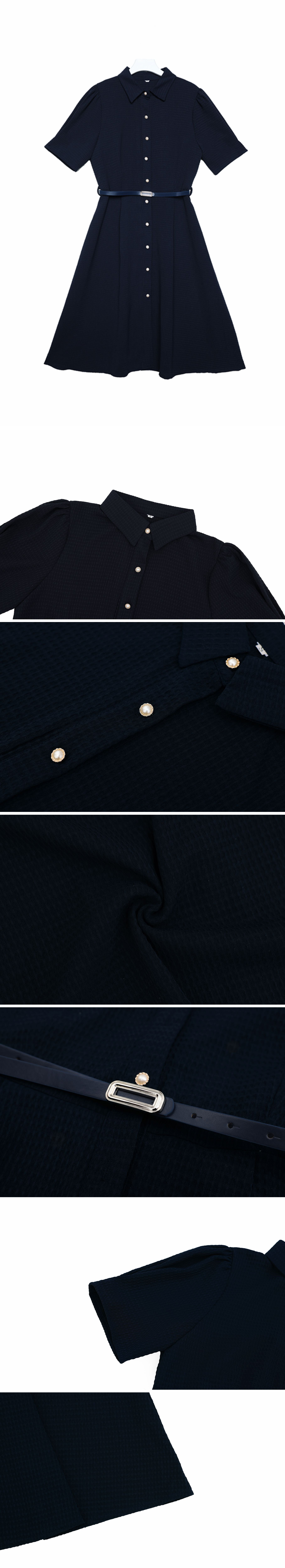 Waffle Shirt Collar Belt Dress