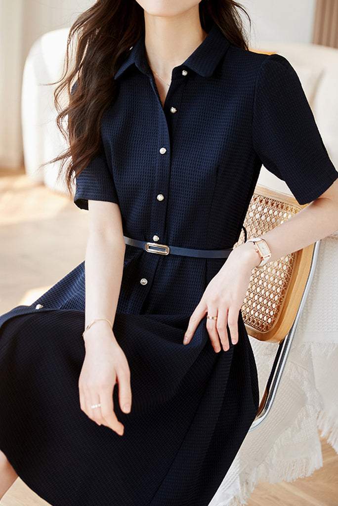 Waffle Shirt Collar Belt Dress