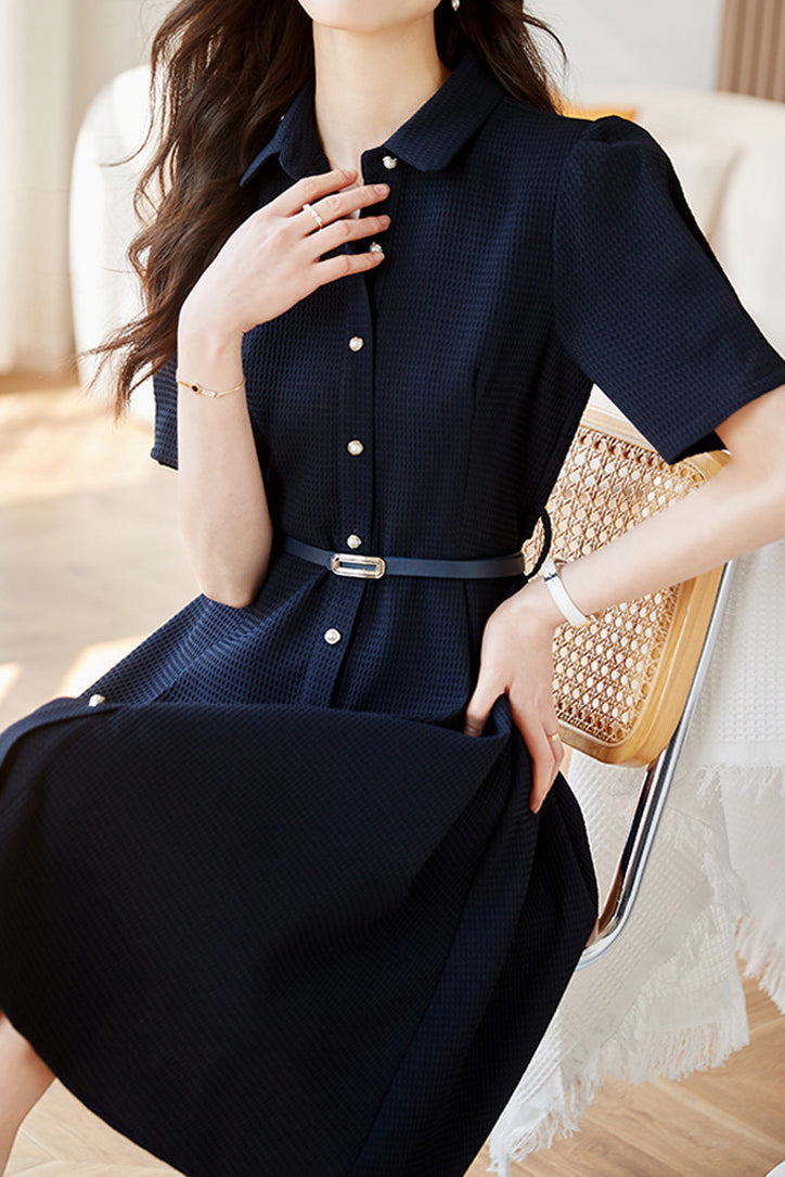 Waffle Shirt Collar Belt Dress