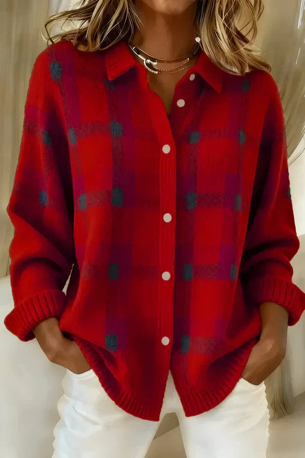 Plaid Button-Down Knit Shirt – Cozy Oversized Essential