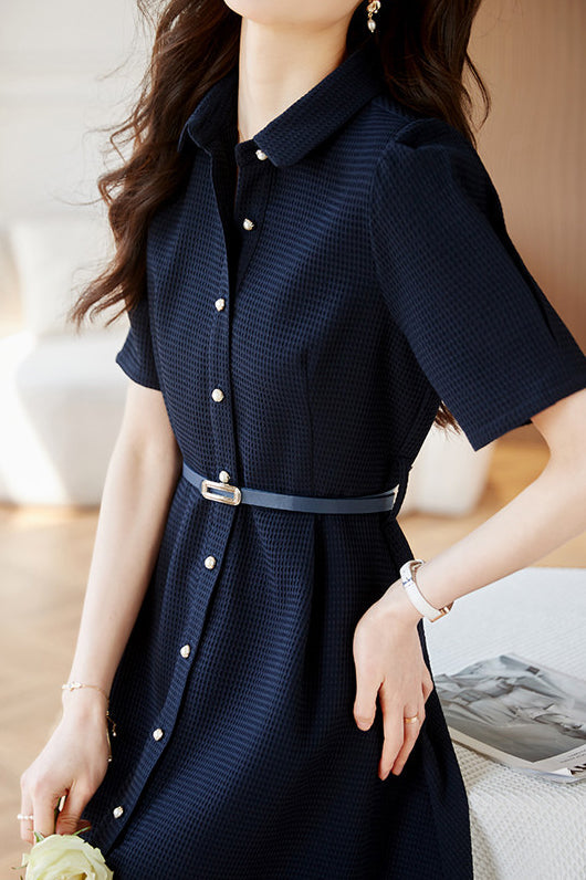 Waffle Shirt Collar Belt Dress